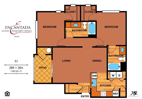 Encantada Peoria B2 floor plan of an apartment with 2 bedrooms, 2 bathrooms  and a living room